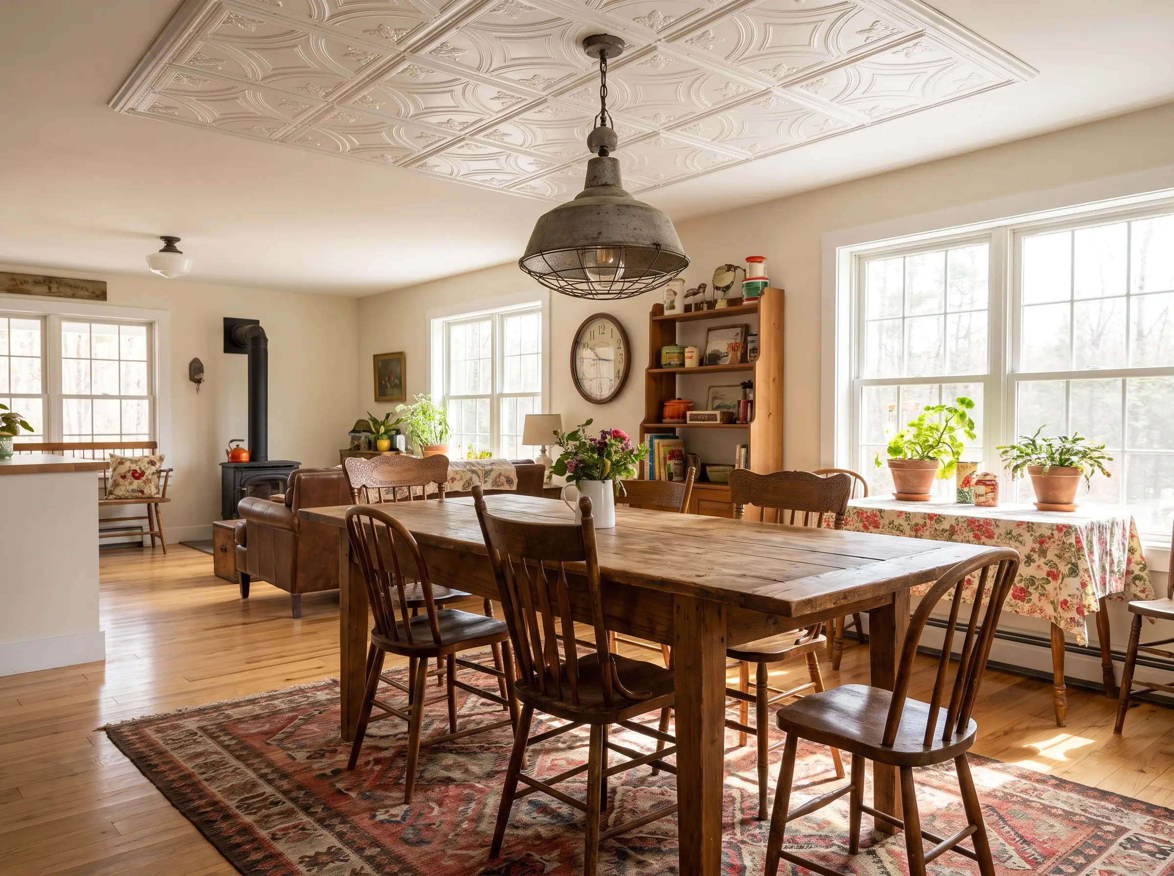 Lightweight PVC tin-style ceiling tiles hang above a rustic wooden dining table surrounded by mismatched wooden chairs and an oversized industrial metal pendant light.