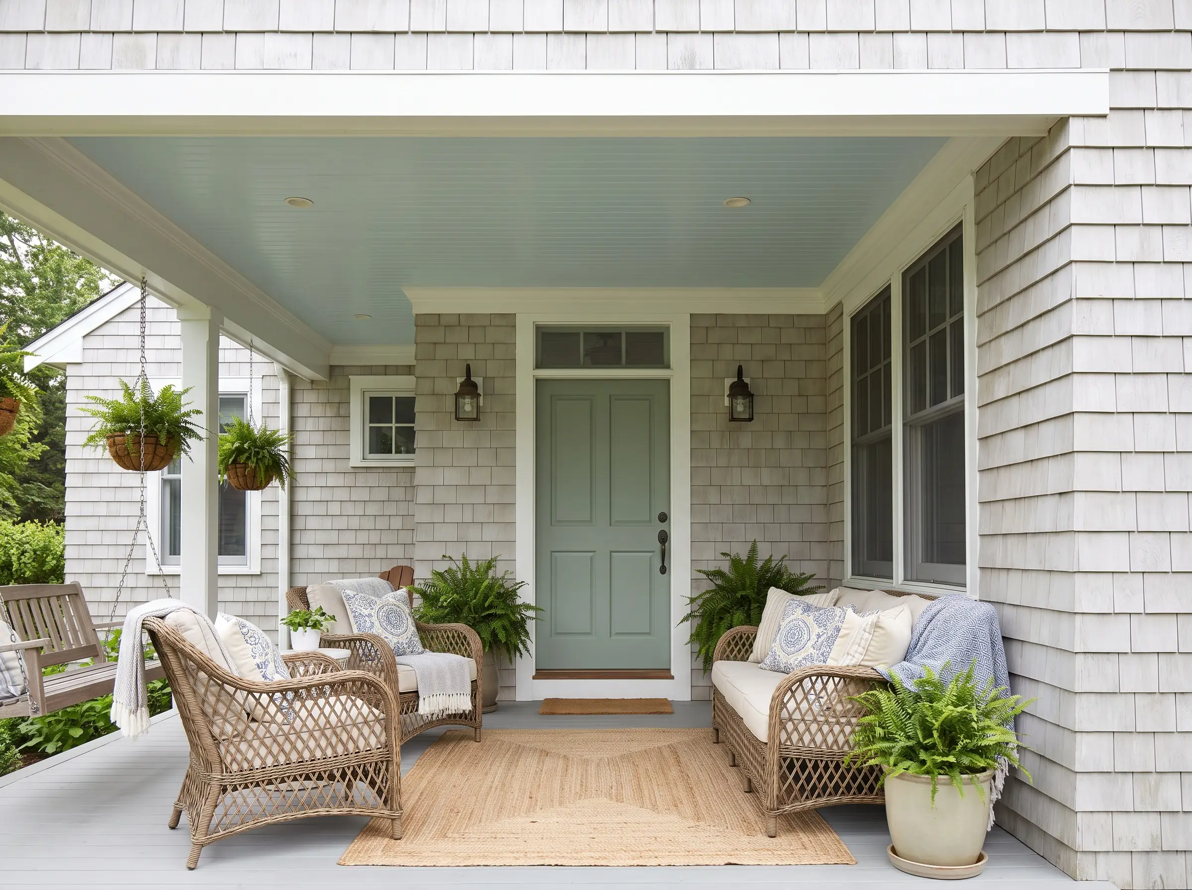 Light gray cedar shake shingles and a haint blue painted ceiling frame a Quietude green door on a covered porch with woven rattan seating.