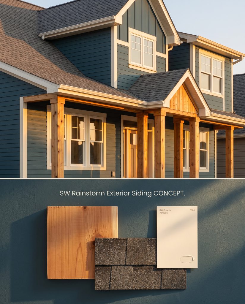 A composite digital board showcasing SW 6230 exterior house siding over a flat-lay of natural cedar and charcoal shingles.