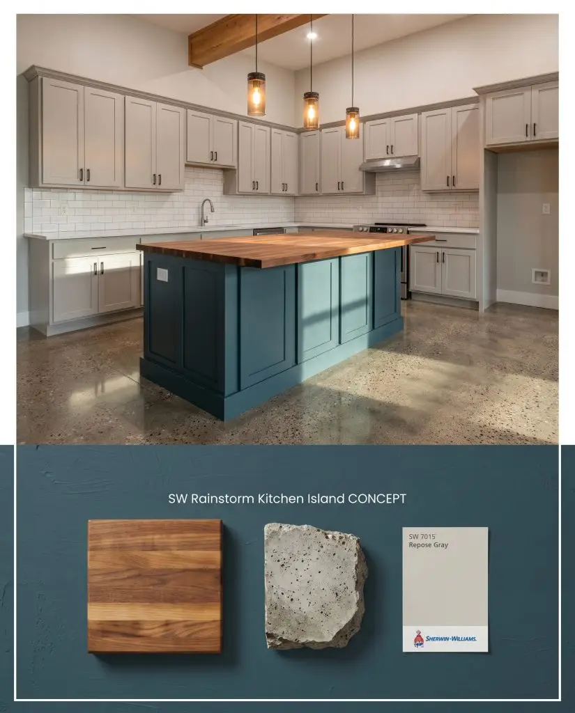 A conceptual board for a dark blue kitchen island over a physical flat-lay of butcher block wood and polished concrete.