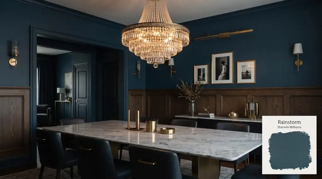 A crystal chandelier illuminates a moody dining space featuring dark oak wainscoting and walls finished in Sherwin-Williams Rainstorm (Hex #244653).