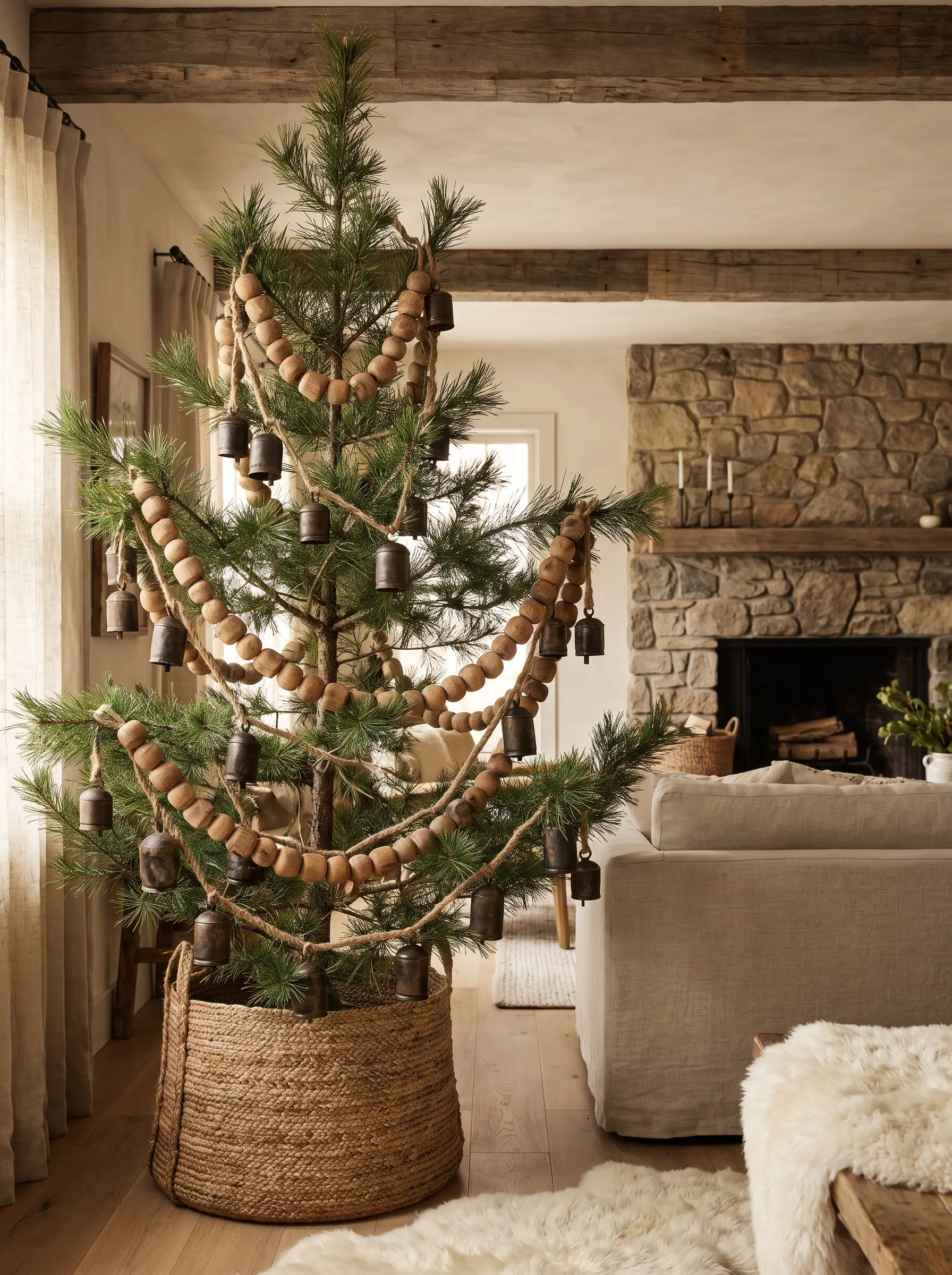 Heavy garlands of raw oak wooden beads and rustic oxidized brass bells on thick jute cord hang in deep swooping U-shapes across foraged tree branches.
