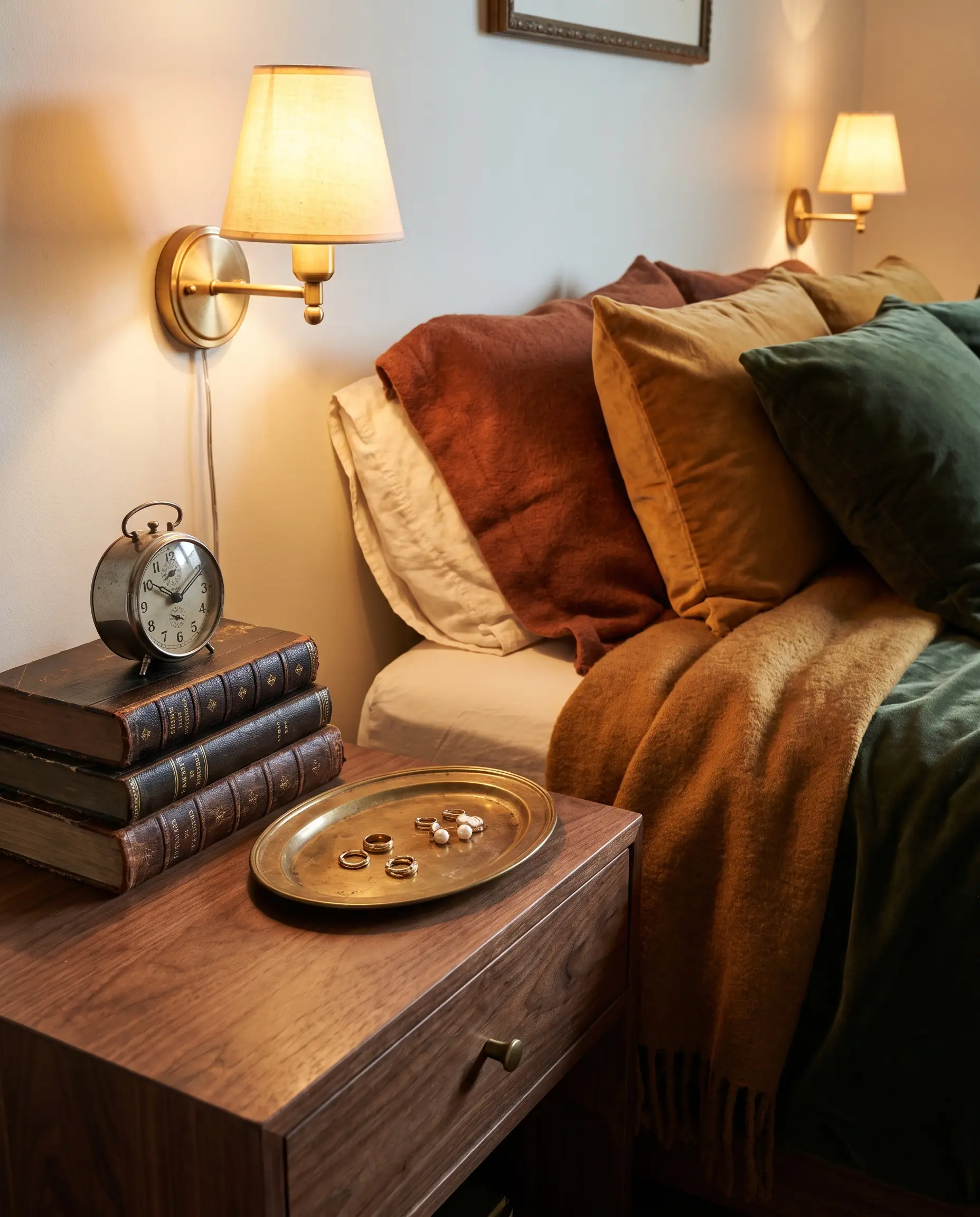 A raw walnut nightstand holds stacked vintage leather-bound books and an unlacquered aged brass tray beside a bed dressed in heavy linens.