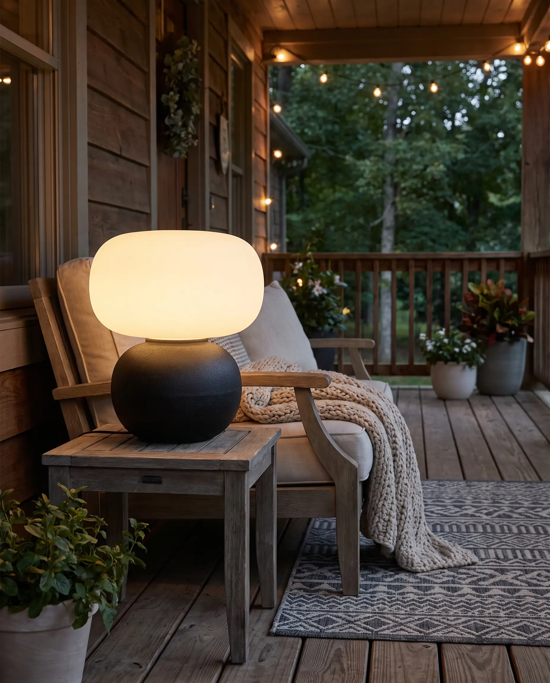 A rechargeable LED outdoor table lamp with a powder-coated cast iron base rests on a side table, casting a warm glow across a cozy seating zone.