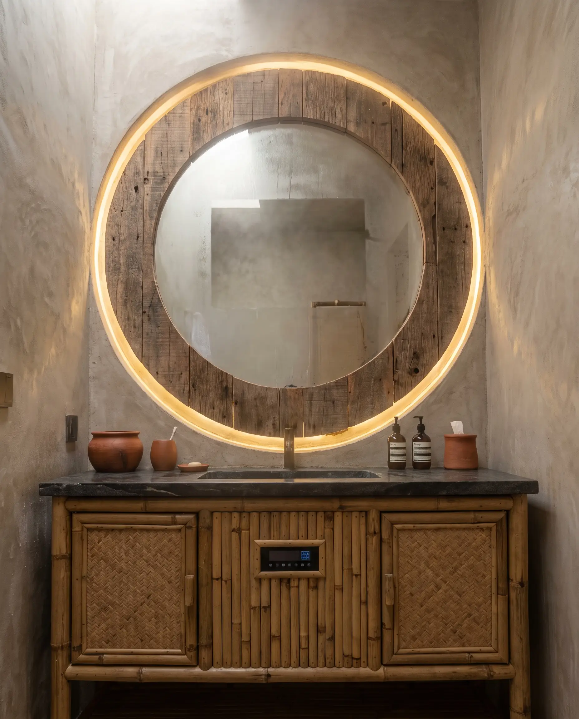 A copper-free silver vanity mirror framed in thick raw reclaimed timber features integrated backlit LEDs and a clear fogless center pad above a bamboo vanity.