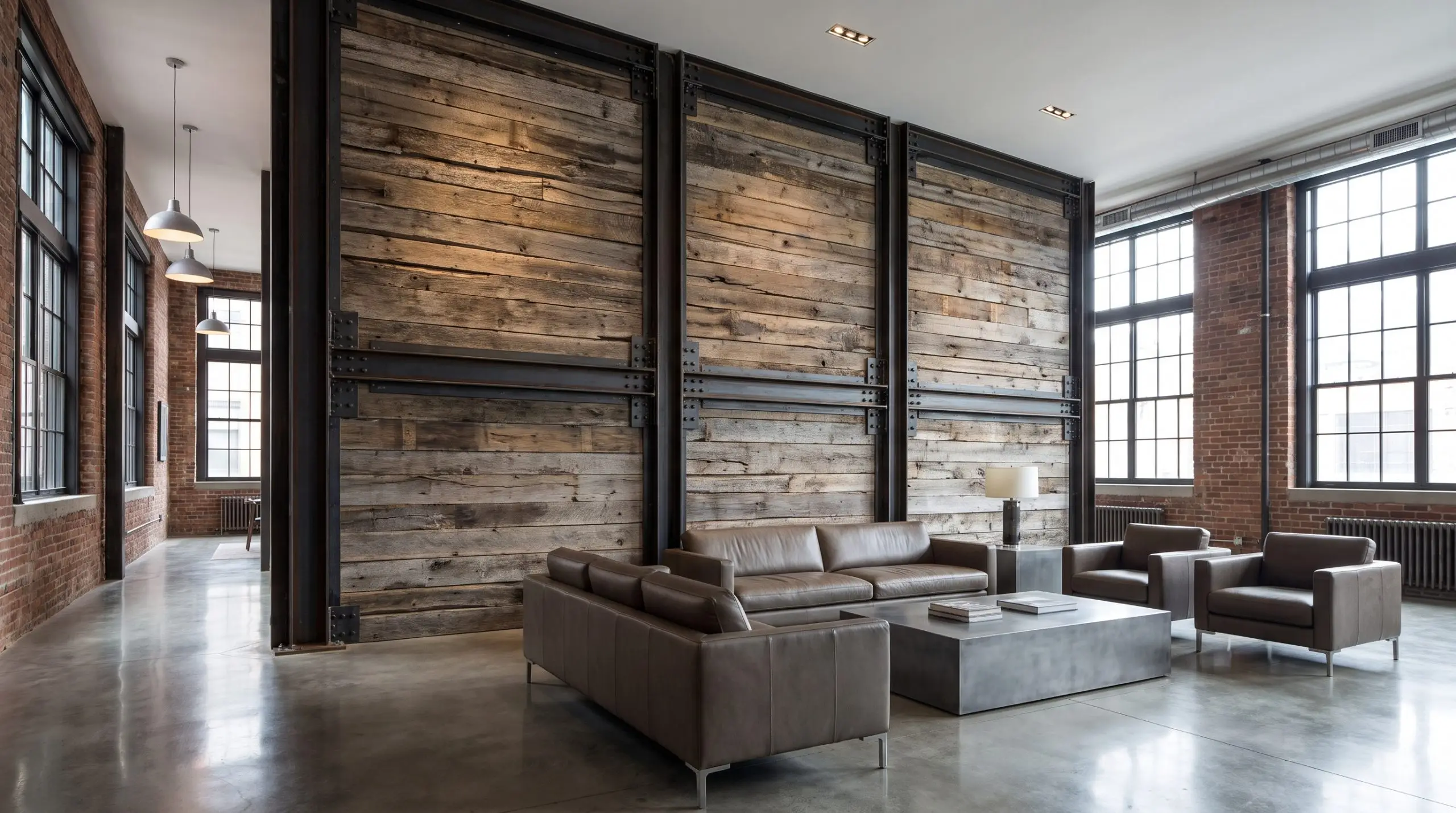 Weathered reclaimed barn wood framed by raw exposed black structural steel beams anchors an urban industrial loft featuring low-profile leather seating and concrete floors.