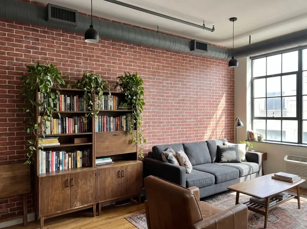 Warm walnut wood furniture and trailing green plants sit beneath exposed ductwork and a standard scale red brick wallpaper accent wall.