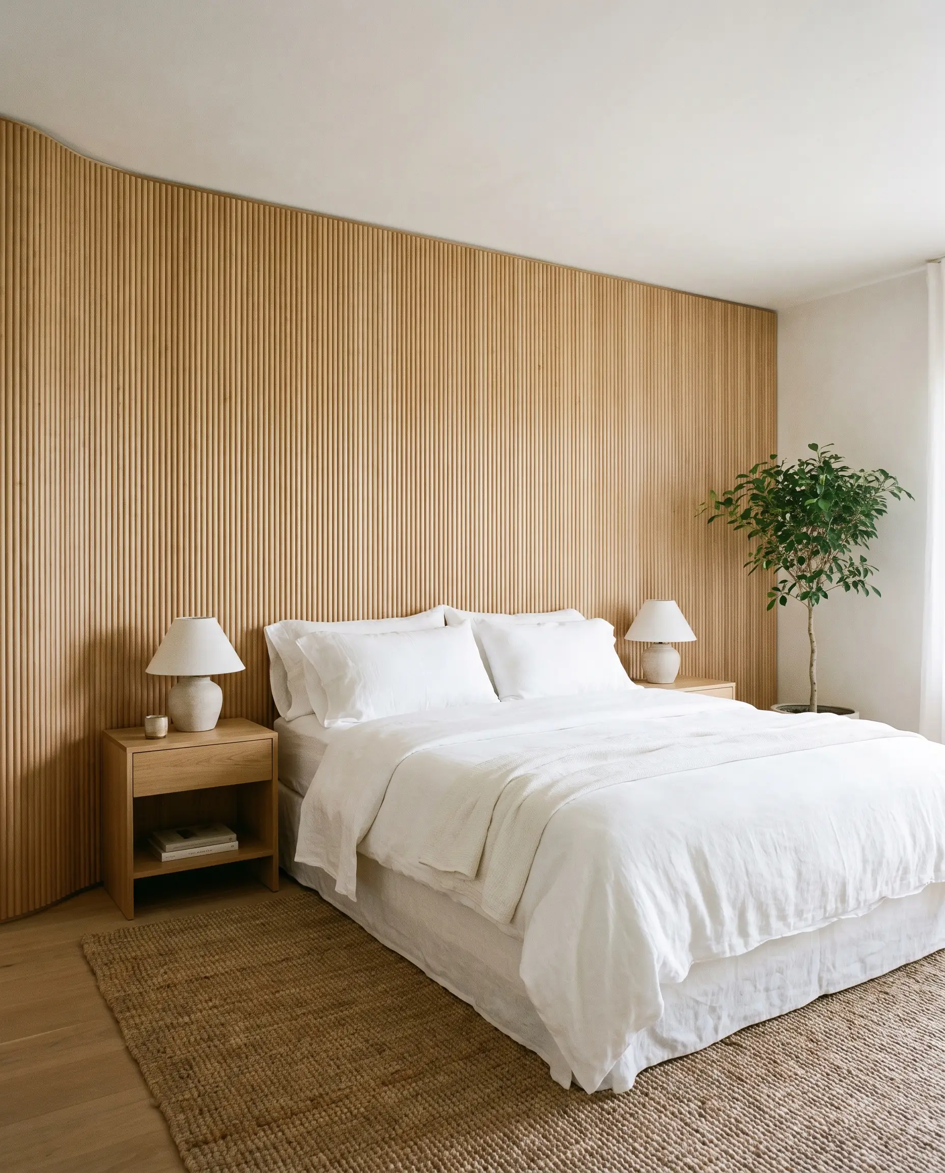 A large architectural headboard crafted from reeded white oak panels backs a bed dressed in crisp white linens and flanked by raw ceramic lamps.
