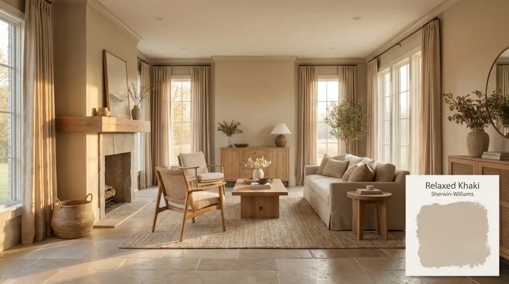 Natural stone flooring and a white oak mantel frame an open-concept living area coated in SW Relaxed Khaki (Hex #C8BBA3).