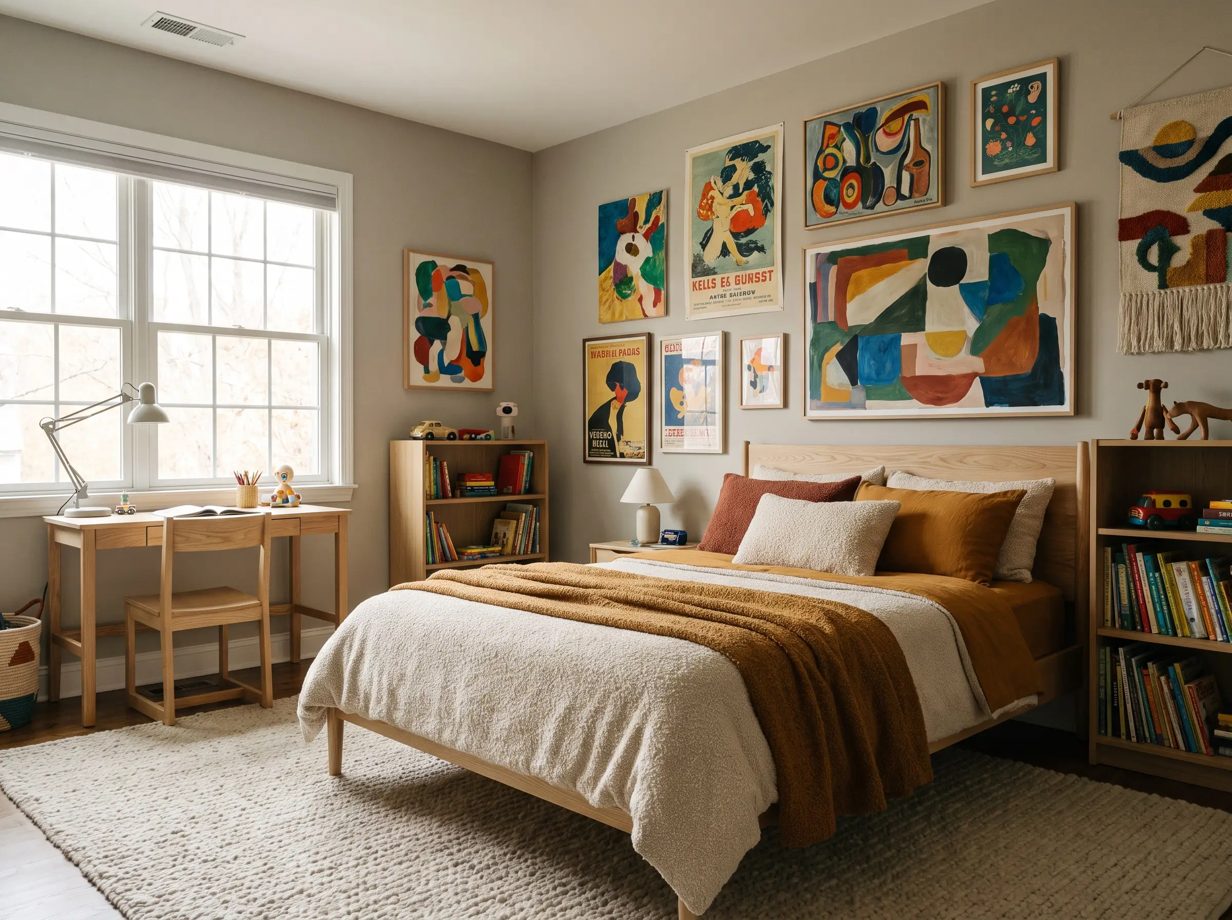 Heavily pigmented Sherwin-Williams Repose Gray walls surround ash wood furniture, layered boucle textiles, and eclectic colorful art pieces in a grounded bedroom layout.