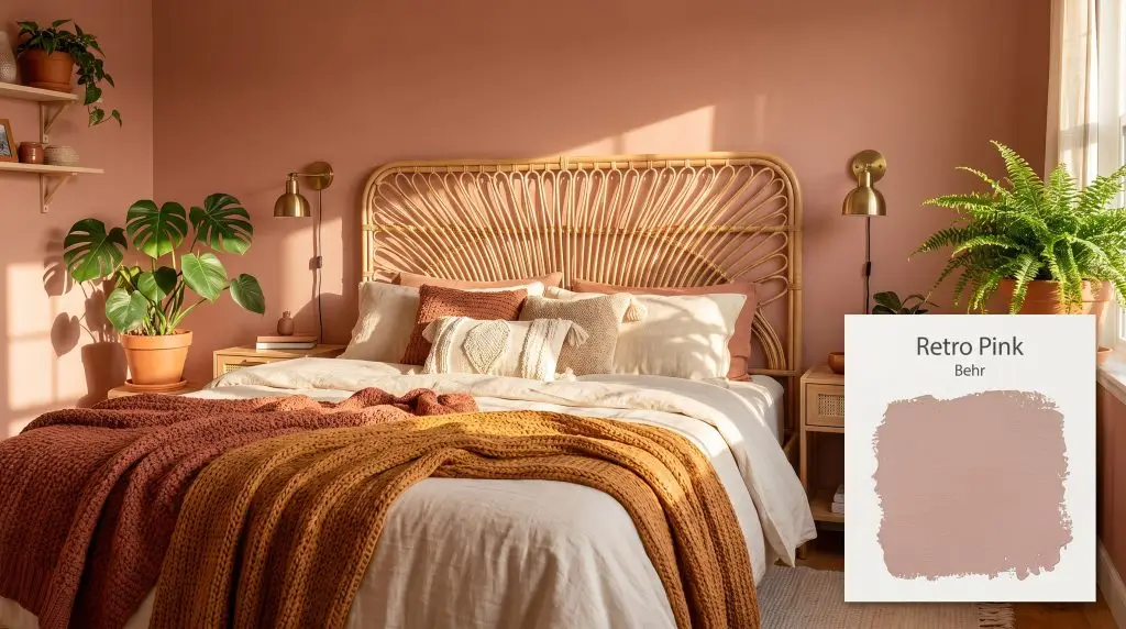 Layered textured bedding and a rattan headboard enhance this bohemian bedroom featuring earthy walls coated in Behr S170-4 (Hex #c49d93) and brass sconces.