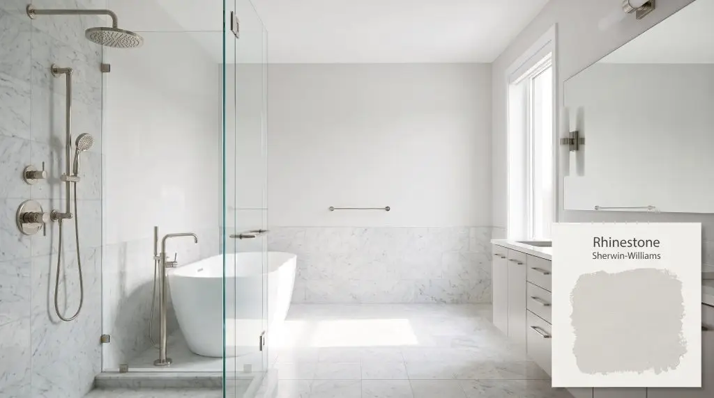 A contemporary bathroom featuring a freestanding white tub, Carrara marble floors, and crisp walls painted in Sherwin-Williams Rhinestone (Hex #DEE0DE).