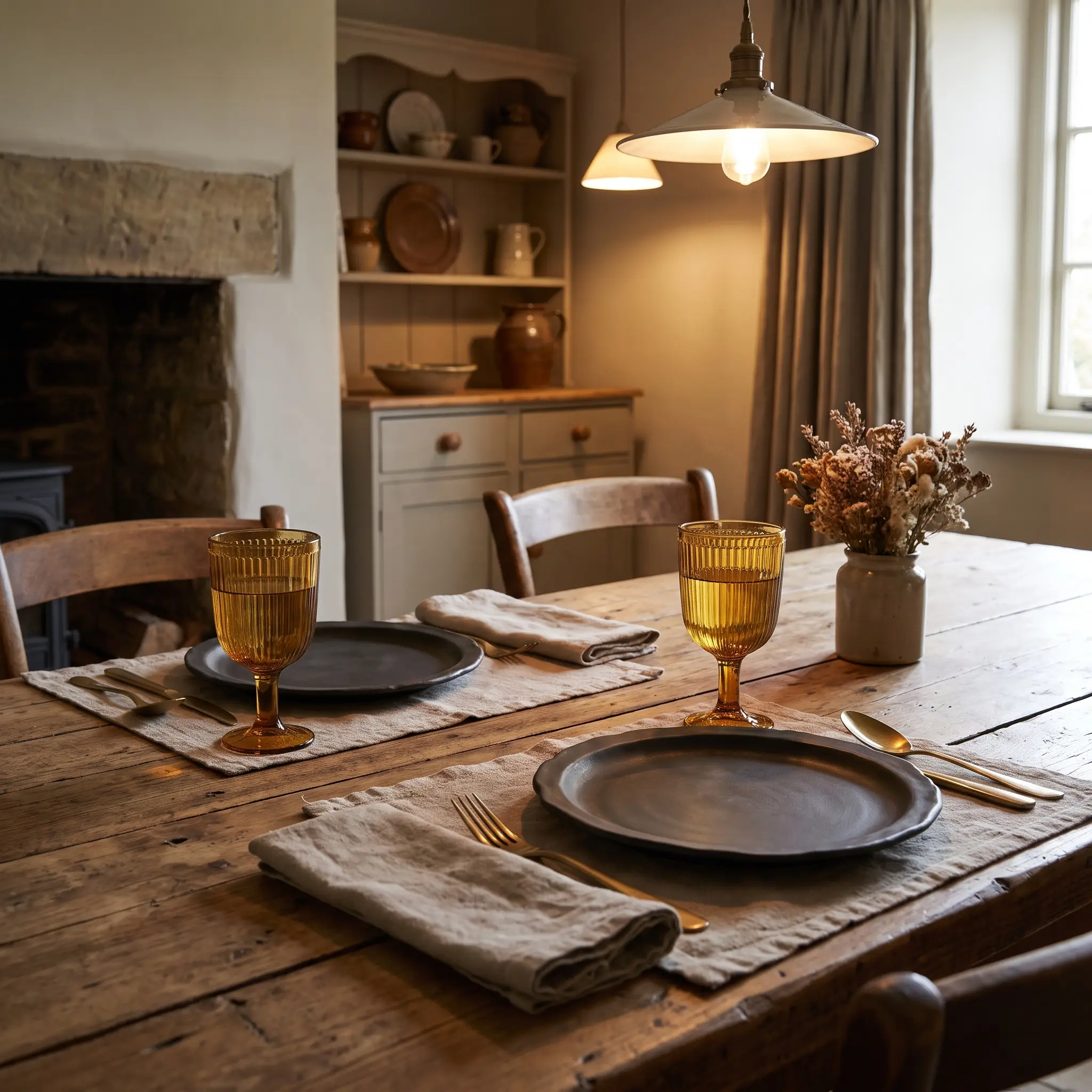 Light-catching ribbed amber glass water goblets sit beside flat matte stoneware dinner plates on a warm wooden dining table.