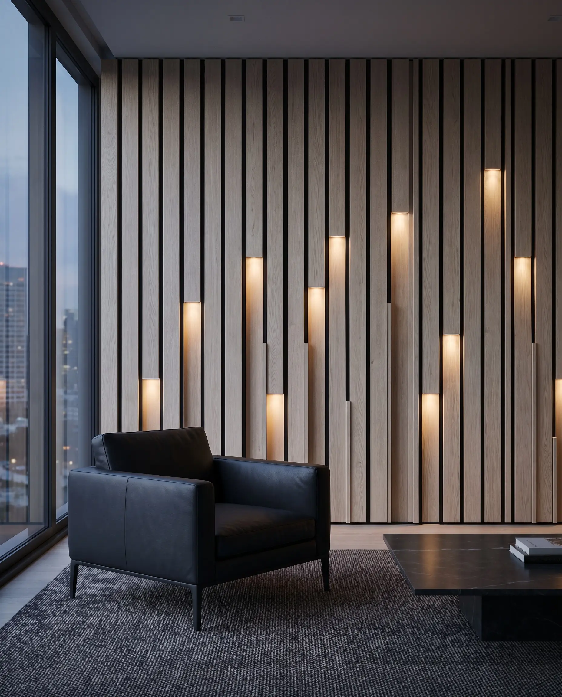Rigid rift-sawn white oak slats feature integrated frosted aluminum LED channels illuminating a low-profile matte black leather lounge chair on a textured rug.