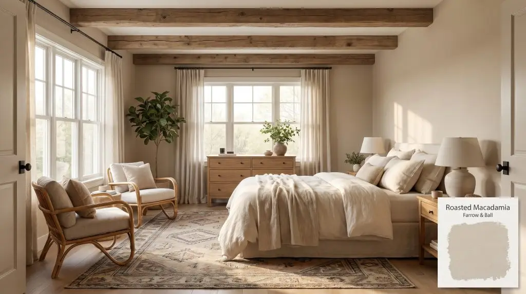 Exposed wooden beams and rattan accent chairs highlight the cozy bedroom walls finished in Farrow & Ball Roasted Macadamia (Hex #c6baaa).