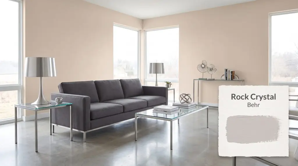 Polished concrete floors and a sleek charcoal sofa ground a minimalist living space painted in Behr Rock Crystal (Hex #cecbcb) under diffused daylight.