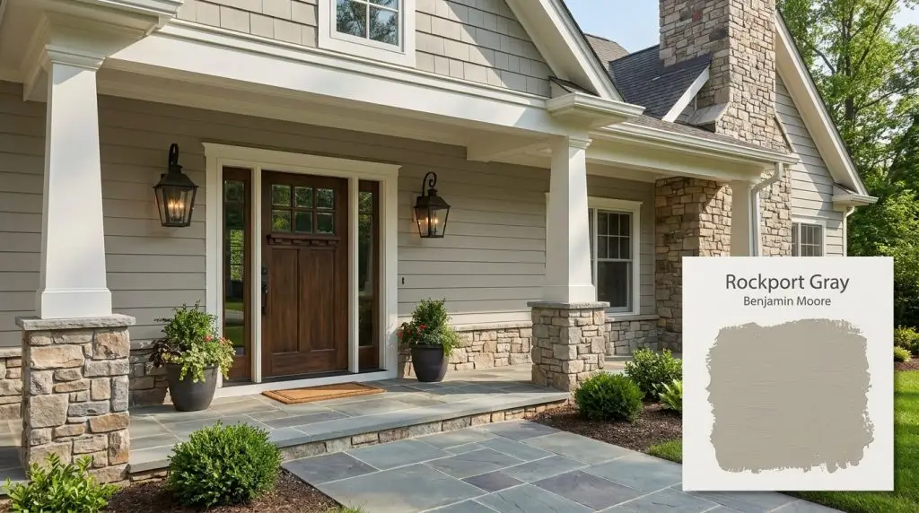 Natural stone accents and a dark stained wood front door highlight a craftsman home exterior finished in Rockport Gray (Hex #A8A295).
