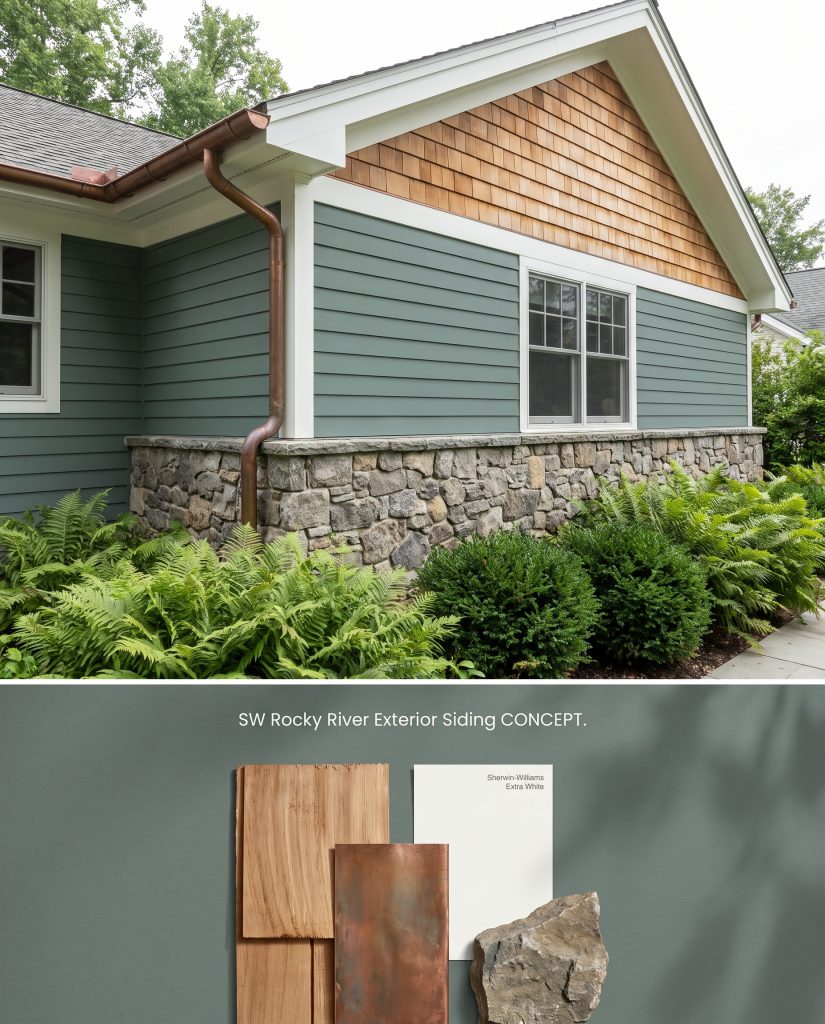 A split visualization board featuring a muted green exterior facade on the top section and physical cedar shingle and fieldstone textures below.
