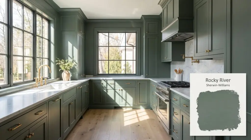 Custom shaker kitchen cabinets and honed Carrara marble countertops contrast against walls painted in Sherwin-Williams Rocky River (Hex #5E706A).