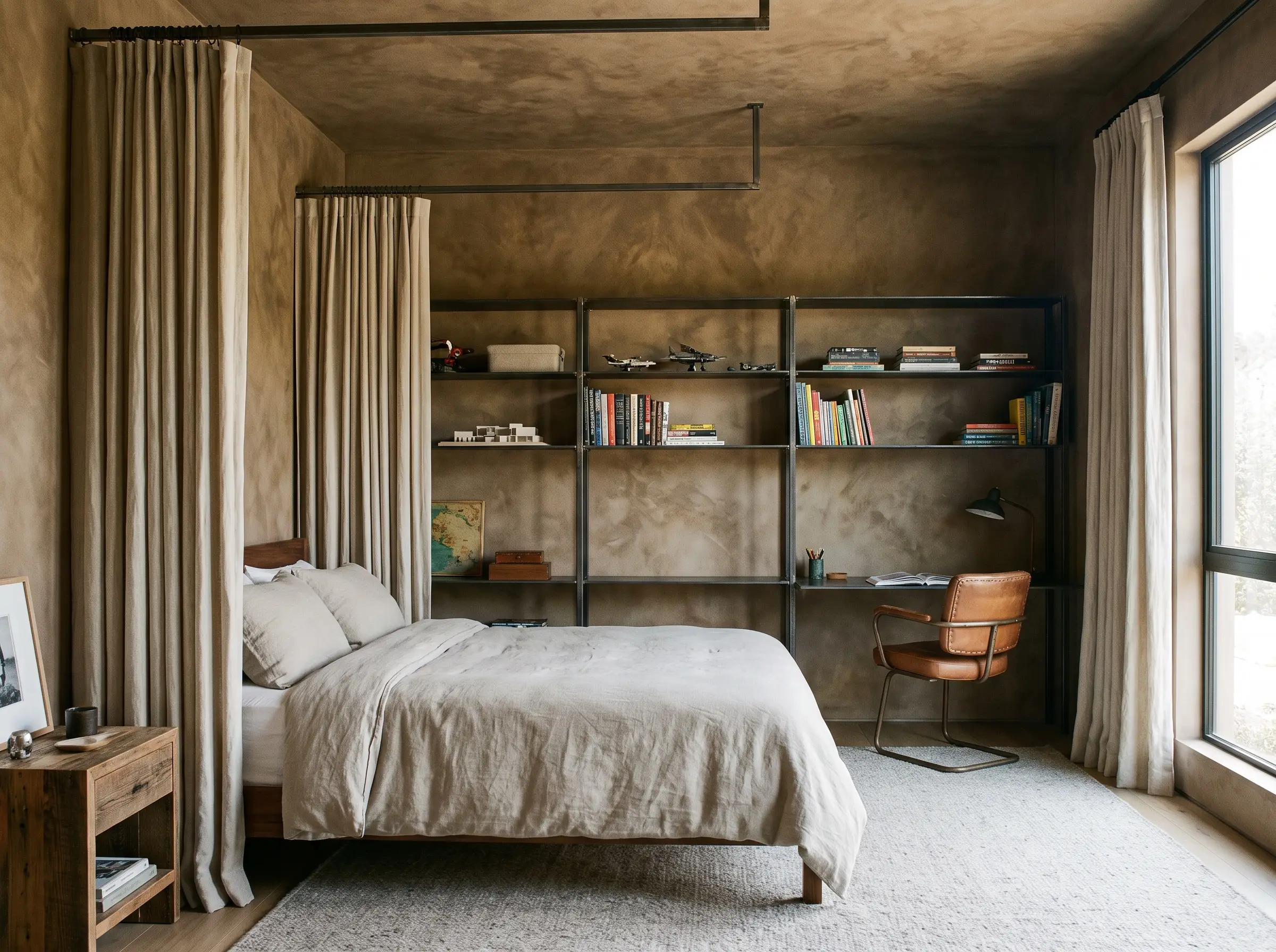 Tactile mottled Roman clay walls in a warm earth tone frame a comfortable bed, raw steel accents, and soft linen curtains.