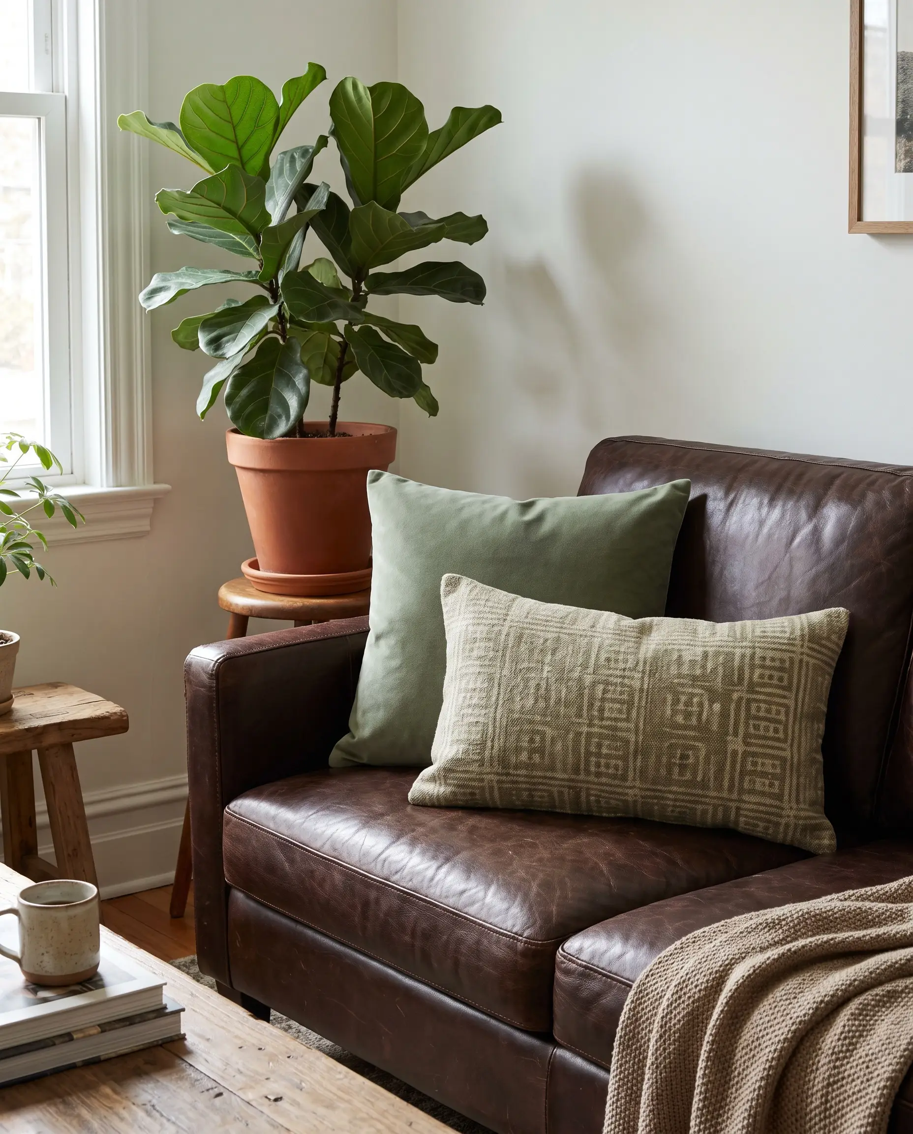 Matte cotton velvet and woven wool pillows in Rosemary Sprig rest firmly on a classic brown leather sofa next to a potted indoor plant.