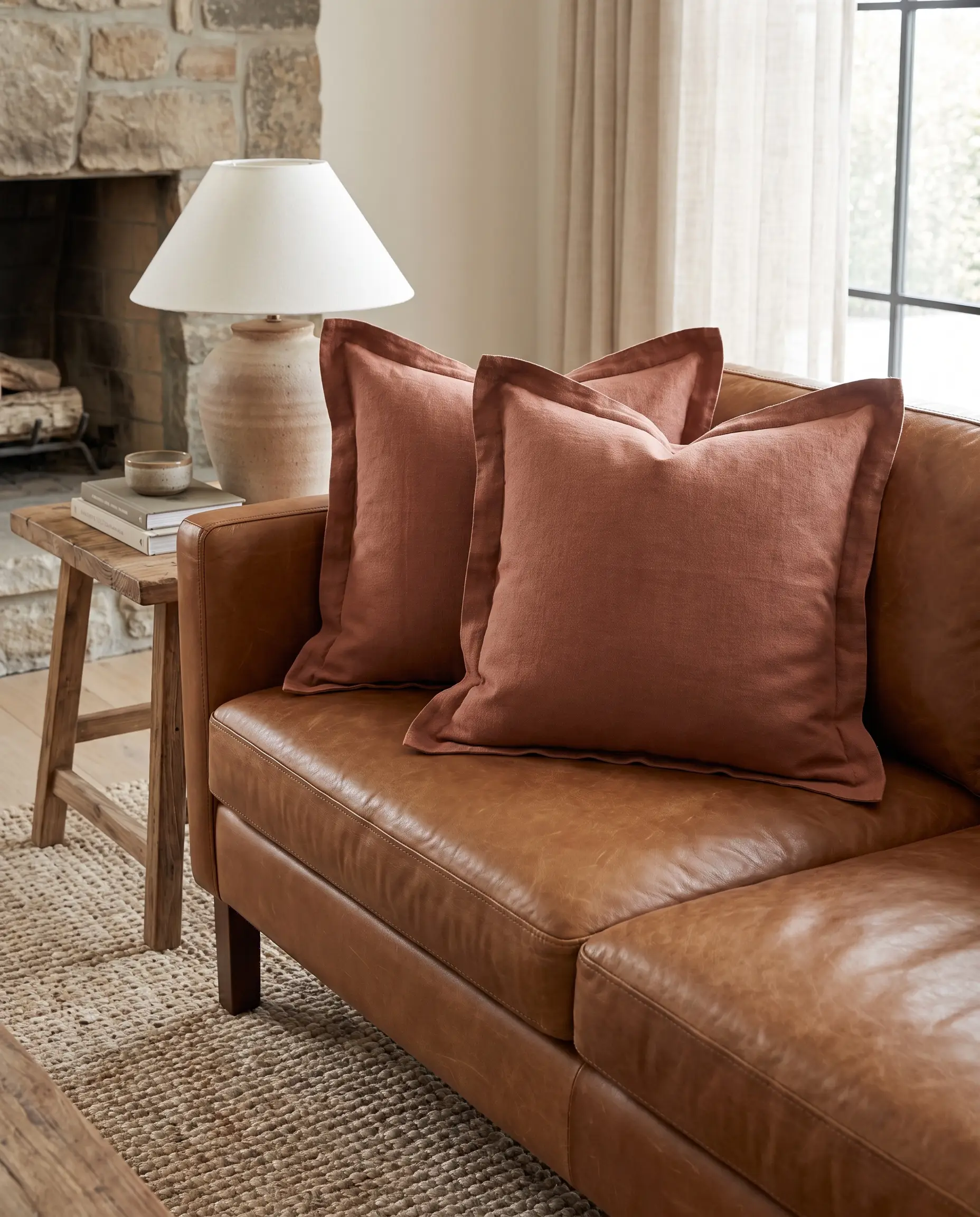 Cavern Clay stonewashed linen throw pillows for leather couch seating provide tactile contrast against a smooth cognac sofa and textured neutral rug.