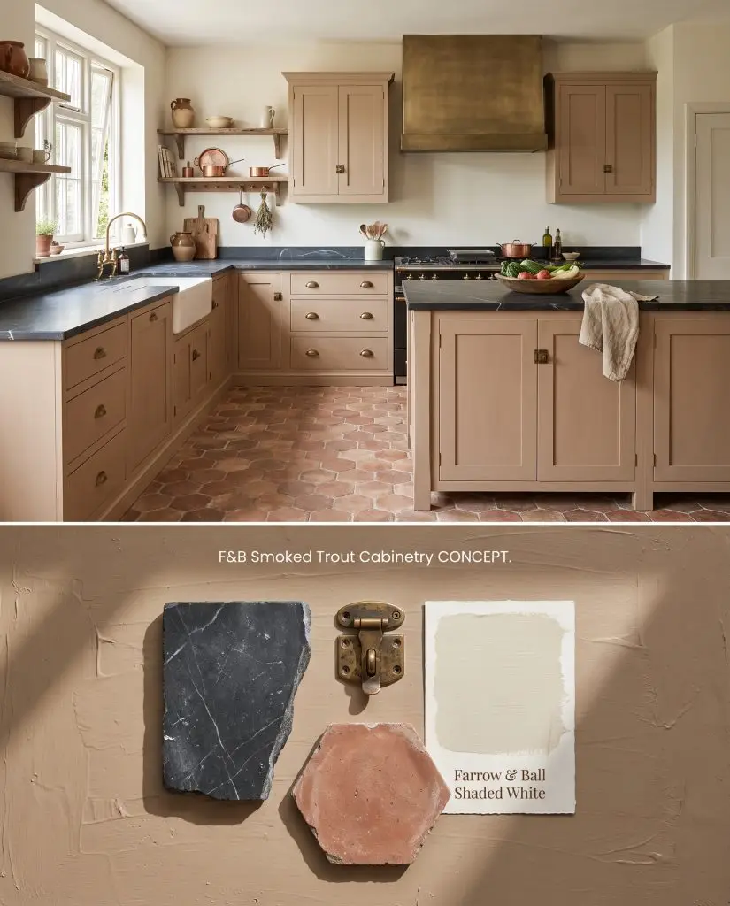 Conceptual split rendering evaluating rustic kitchen cabinetry in a dusty pink-brown, positioned above a flat-lay of soapstone and terracotta tiles.