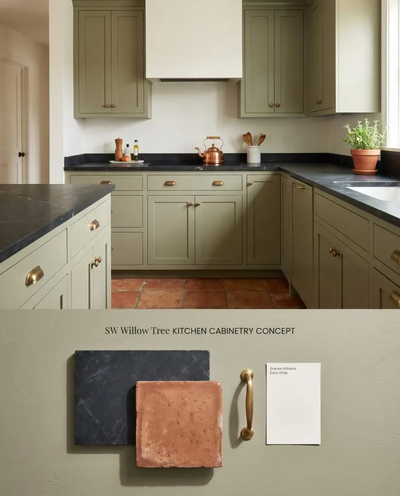 A divided conceptual board presenting soft green kitchen cabinets above physical samples of soapstone, terracotta, and unlacquered brass.