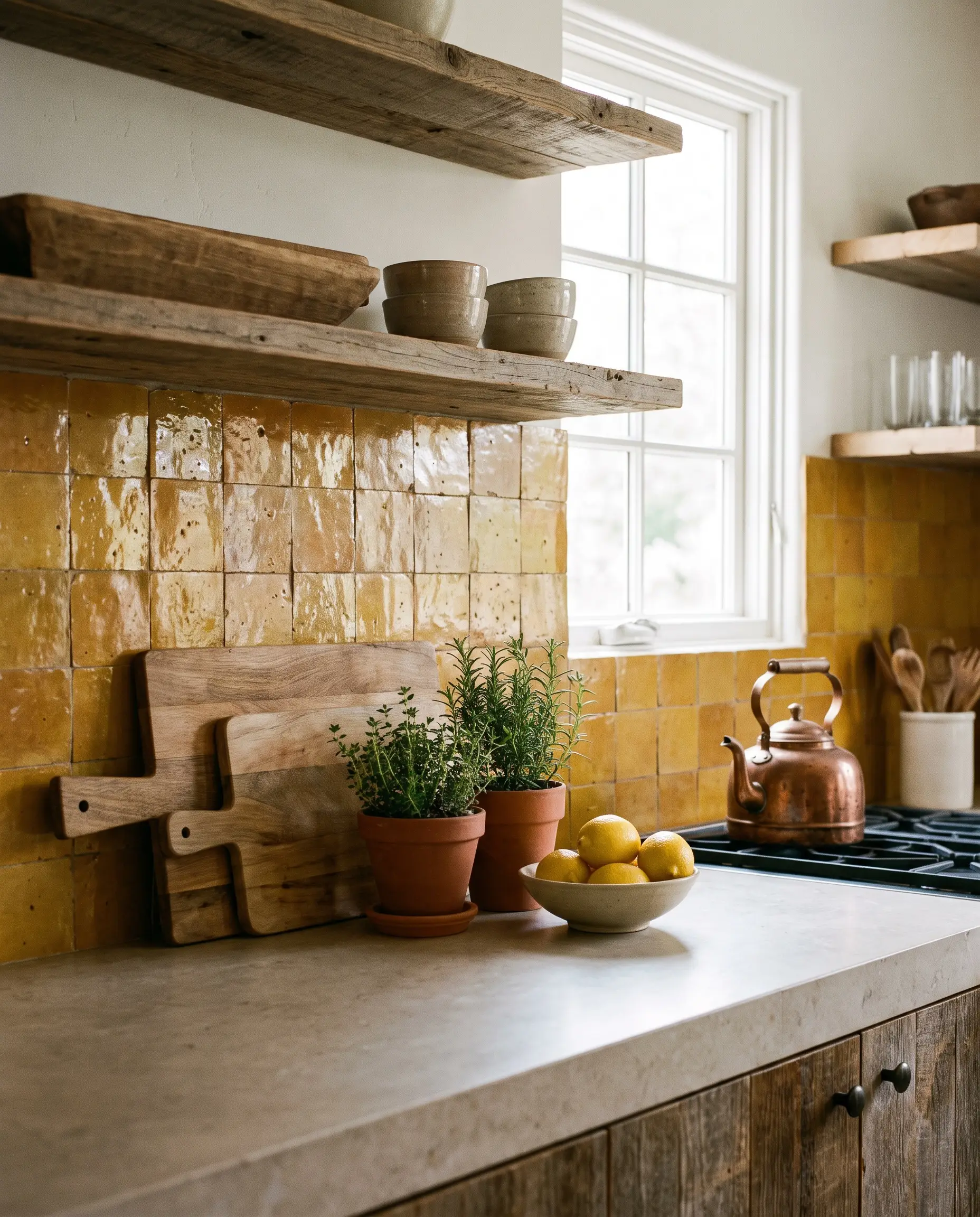 Glazed four-by-four saffron Moroccan Zellige tiles form a highly textural butt-jointed backsplash above a quiet neutral stone countertop and subtle wooden accents.
