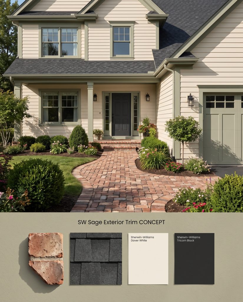 A digital layout board presenting a white house with earthy green trim above a textured flat-lay of tumbled brick and charcoal shingles.