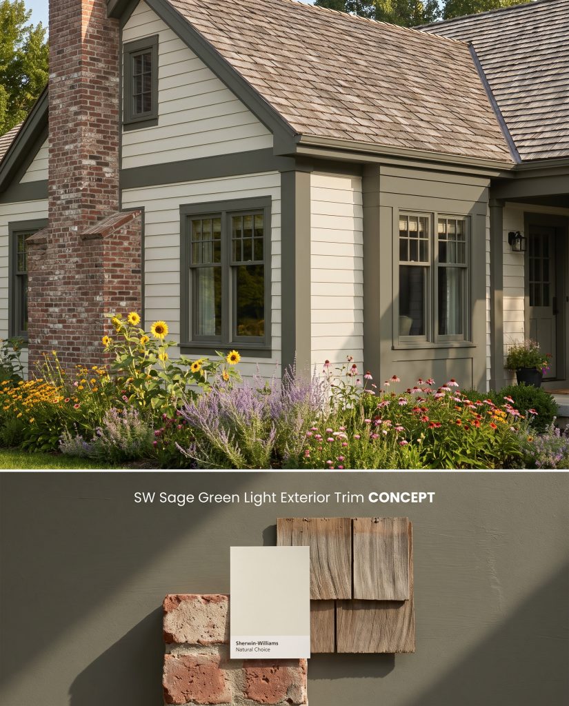 A digital layout board presenting a house with olive-gray trim above a textured flat-lay of reclaimed brick and weathered cedar.
