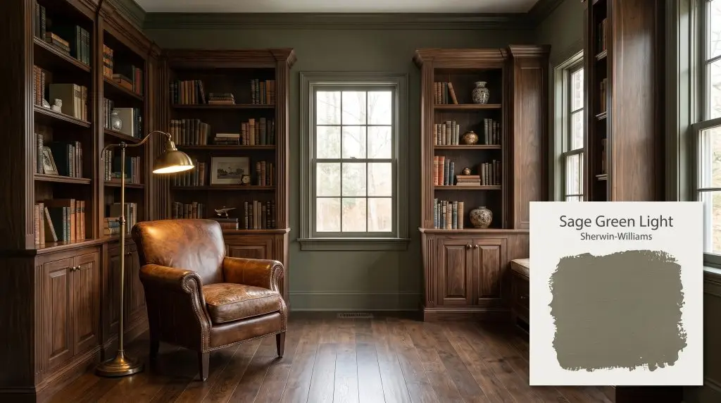 Built-in library bookshelves and a vintage leather armchair are framed by dark olive walls painted in Sherwin-Williams Sage Green Light (Hex #73705E).