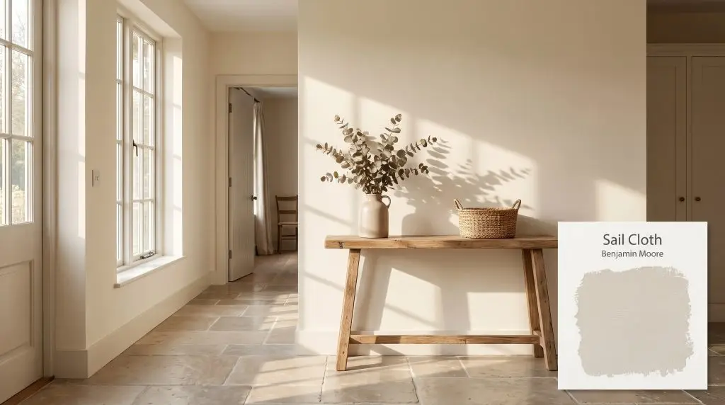 Natural stone flooring leads to a rustic wooden console table holding a ceramic vase in a Sail Cloth (Hex #E4DECE) painted entryway.