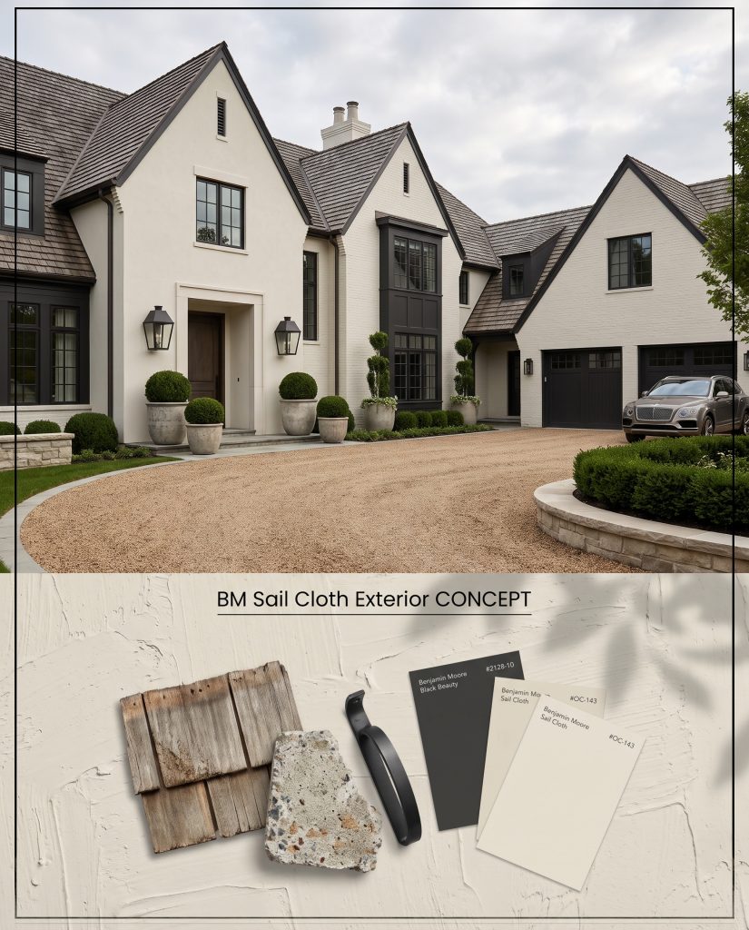 A conceptual board for a modern Tudor exterior showing light stucco walls over a material arrangement of cedar shake and concrete.