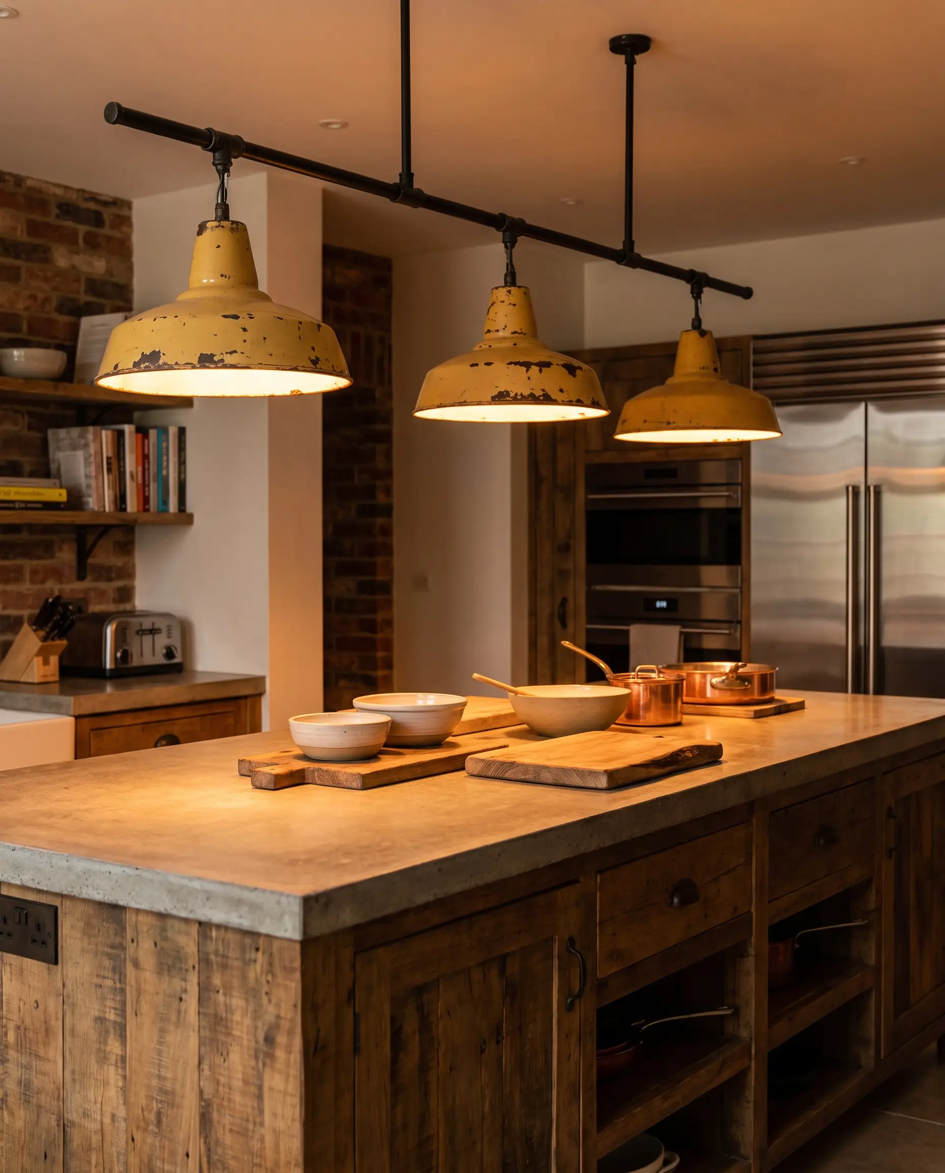 Salvaged factory pendants finished in chipped, patinated yellow enamel cast an intimate glow over a sleek countertop in a curated industrial layout.