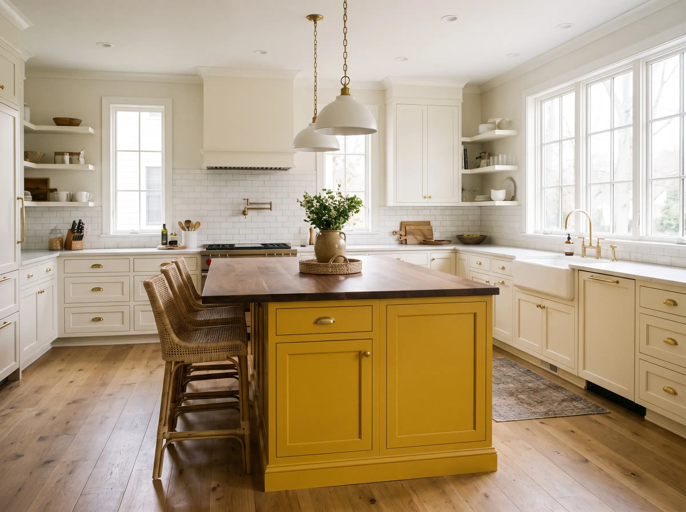 A saturated mustard center island anchors this contemporary classic yellow kitchen, surrounded by creamy soft white perimeter cabinetry and matching premium hardware finishes.