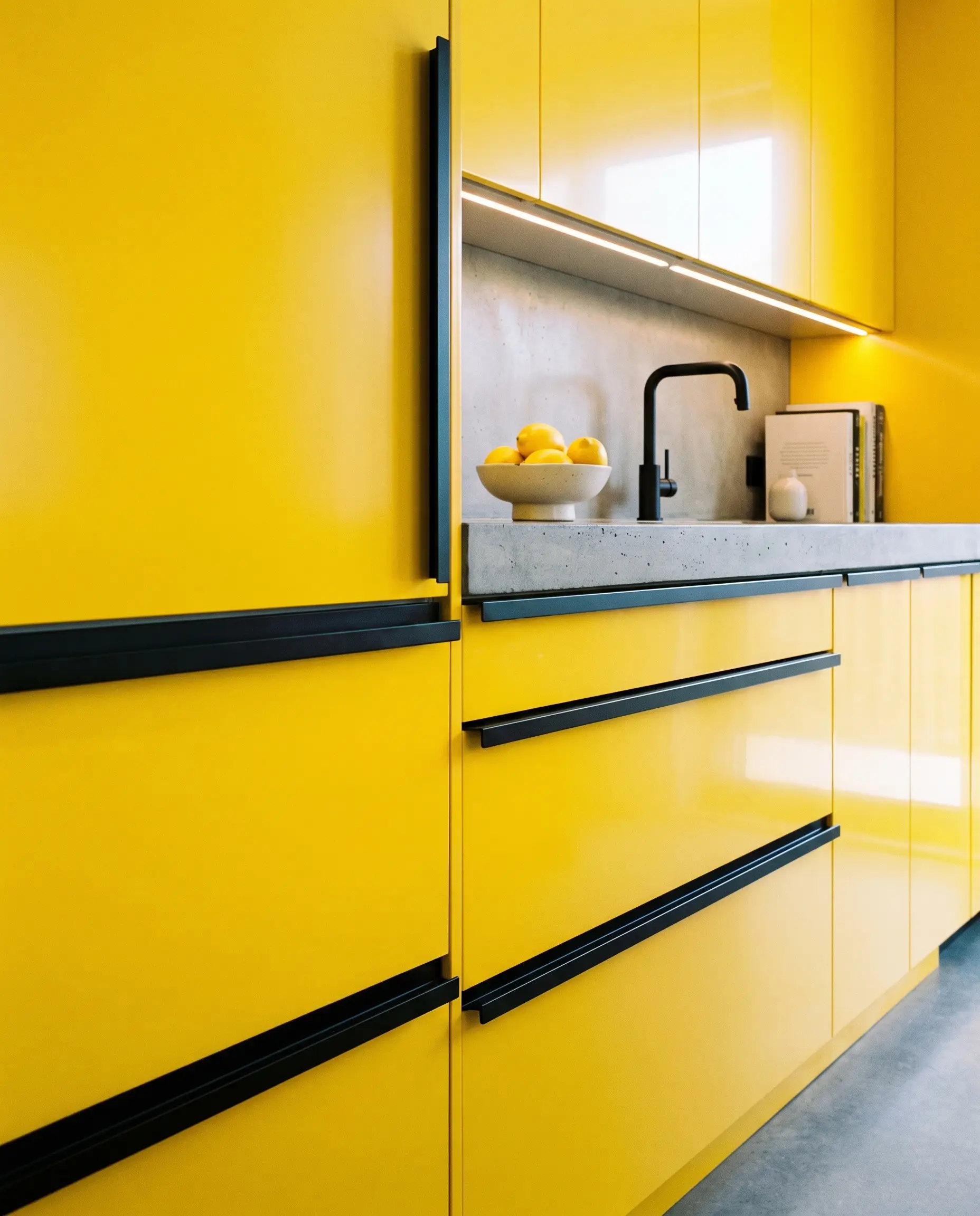Linear matte black drawer pulls sharply contrast against bright saturated primary yellow cabinetry, creating crisp architectural lines in a sleek modern space.