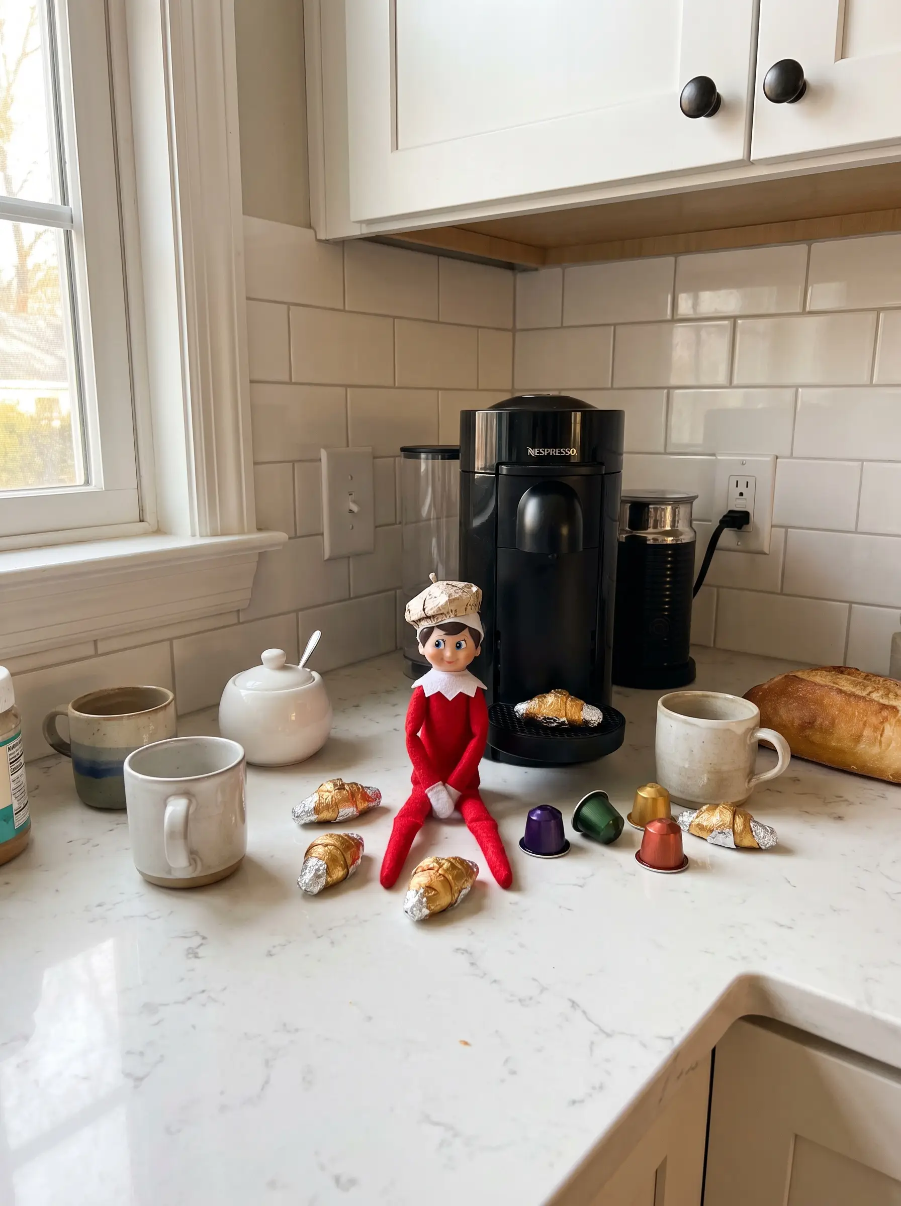 Un elfo di Natale con un basco di carta accanto alla macchina da caffè espresso e mini croissant sul piano cucina in quarzo.