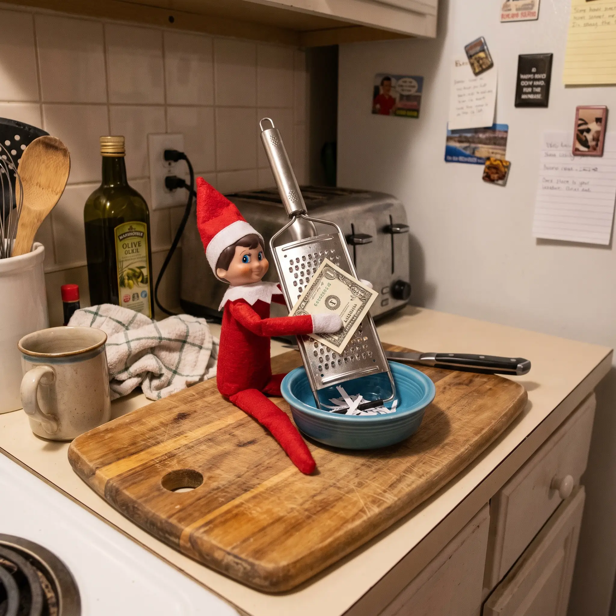 Un elfo di Natale sul piano cucina che grattugia banconote finte con una grattugia da formaggio in metallo.