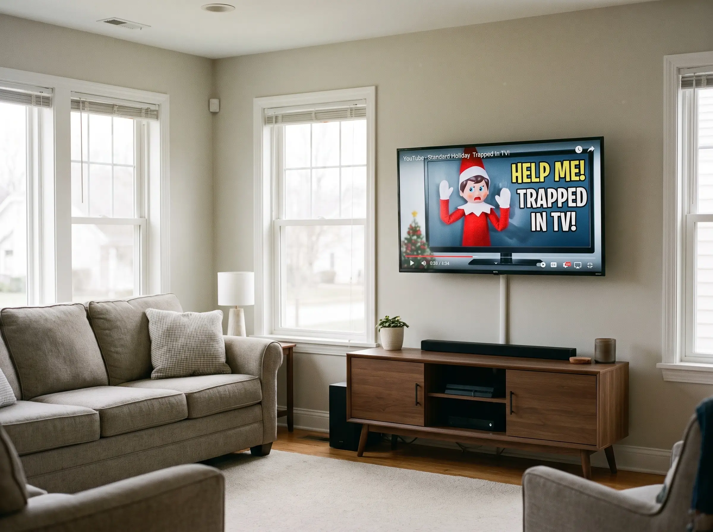 Una smart TV a parete sopra il mobile multimediale in legno mostra un elfo natalizio intrappolato nello schermo.