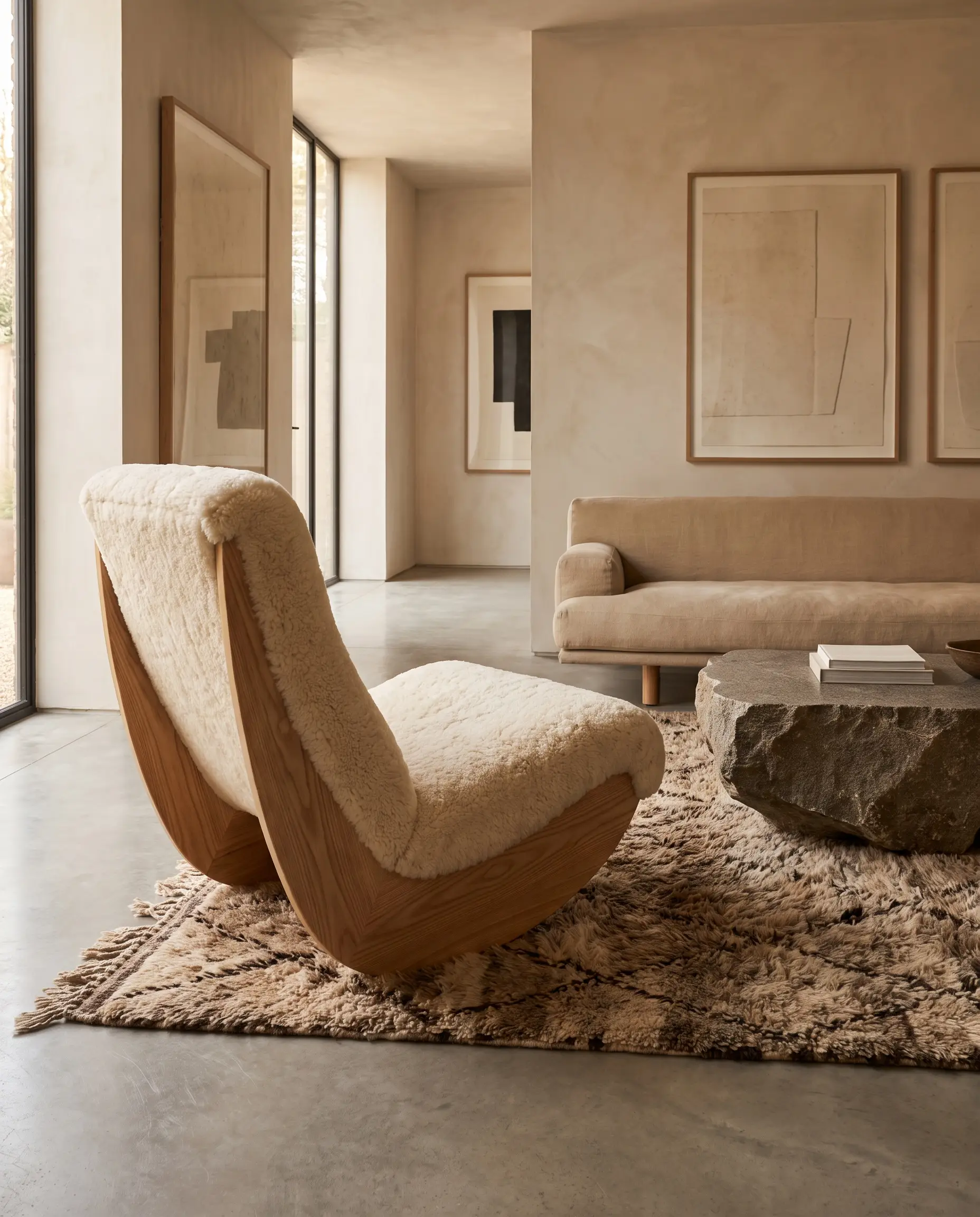 A sculptural ash wood and heavy shearling lounger chair angles toward a solid stone coffee table on a thick Moroccan pile rug.
