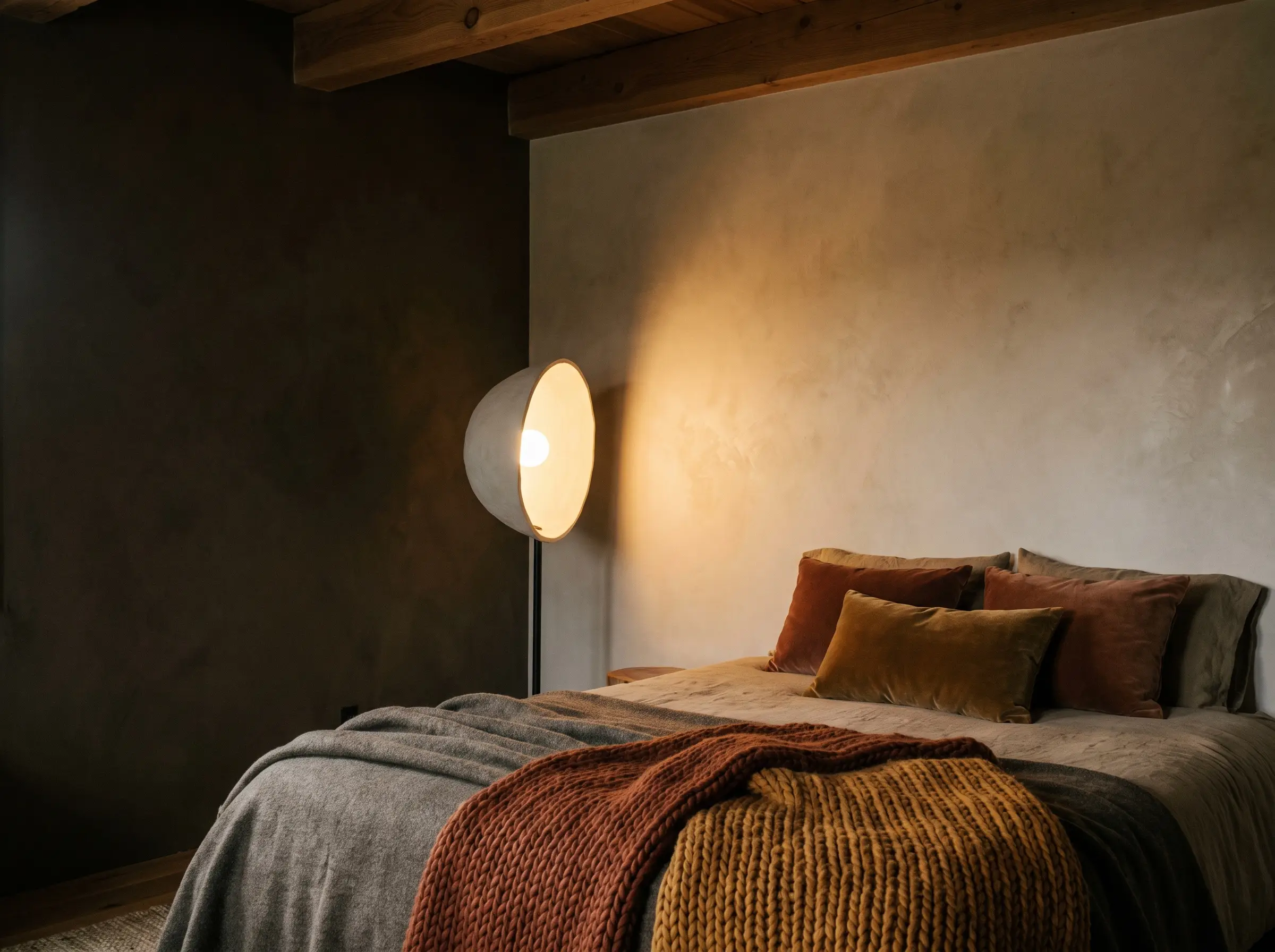 A sculptural plaster and blackened steel floor lamp stands in a bedroom corner, illuminating heavy seasonal textiles on the nearby bed.