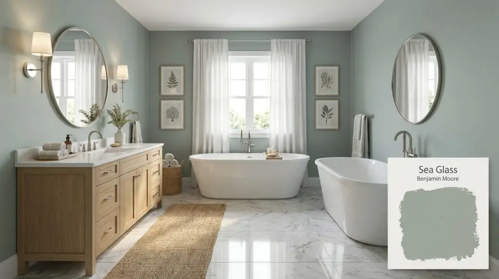 A white freestanding bathtub and light oak vanity rest on polished marble tiles against Benjamin Moore Sea Glass (Hex #919E97) walls.