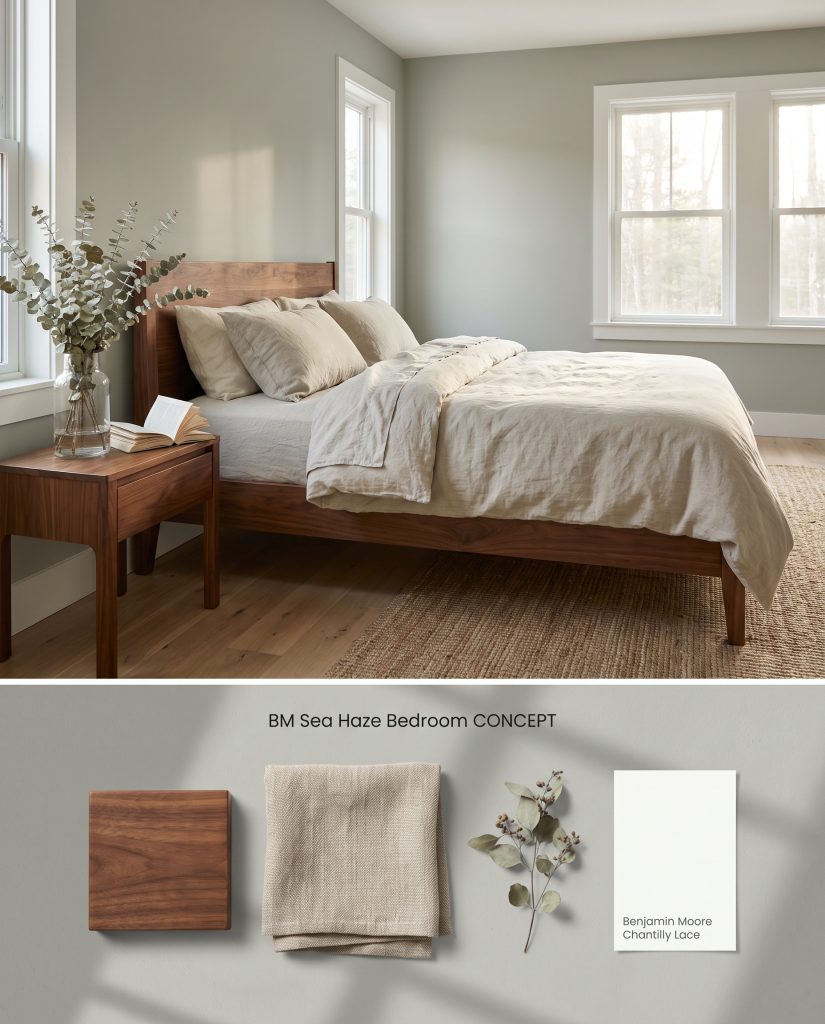 A conceptual board for a bedroom featuring soft gray-green walls on top and a physical flat-lay of walnut wood and flax linen below.