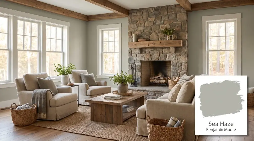A textured stone fireplace and warm wood accents anchor this cozy living room, surrounded by walls painted in Sea Haze (Hex #B3B5AB).