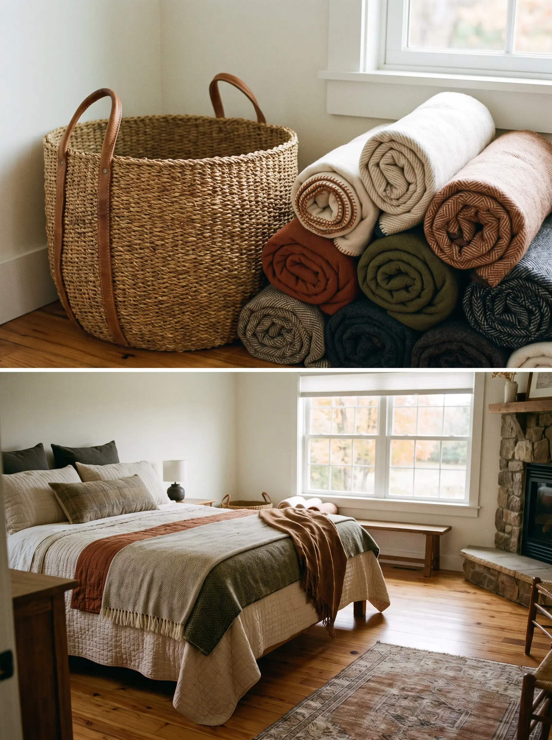 A thick seagrass and saddle leather basket sits in a bedroom corner, neatly stocked with tightly rolled wool and fleece blankets.