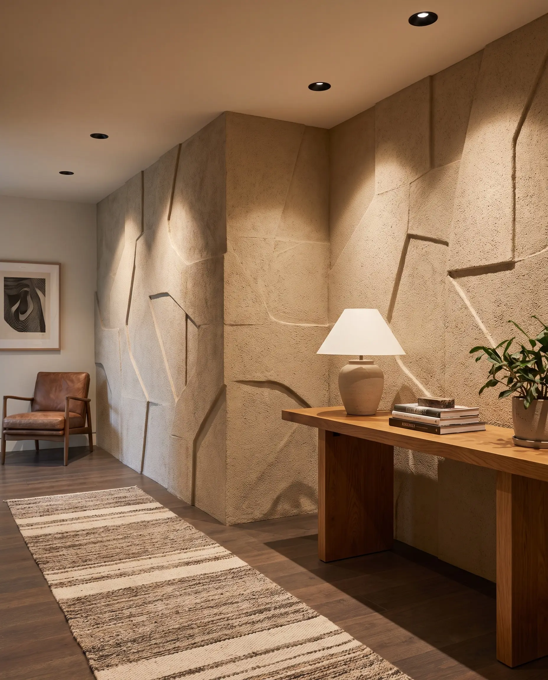 Glass-reinforced gypsum interlocking panels with seamless joints create a monolithic concrete-like relief behind a warm oak console table in a brutalist modern foyer.