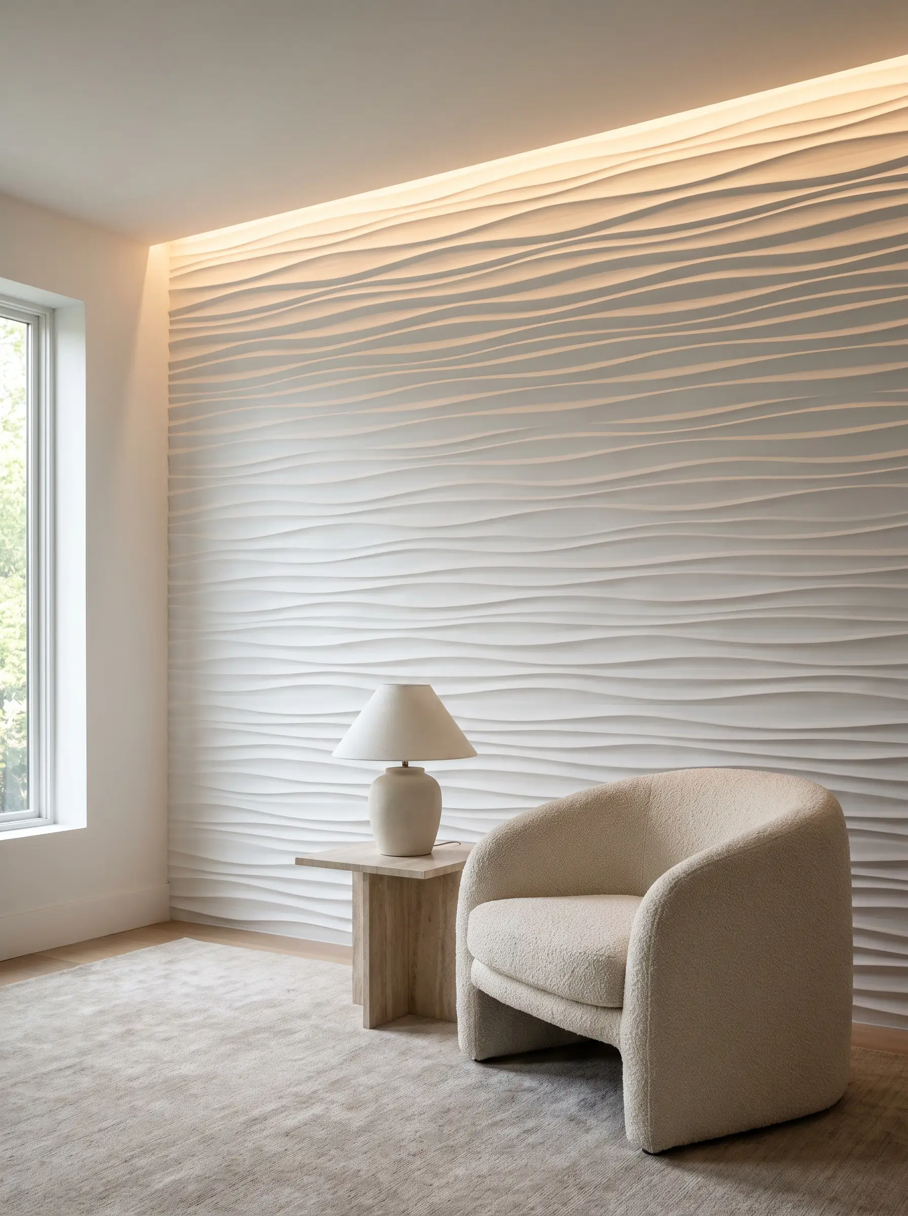 Seamless glass-reinforced gypsum wave panels cover an accent wall behind a curved bouclé armchair and minimalist stone side table in an organic modern space.