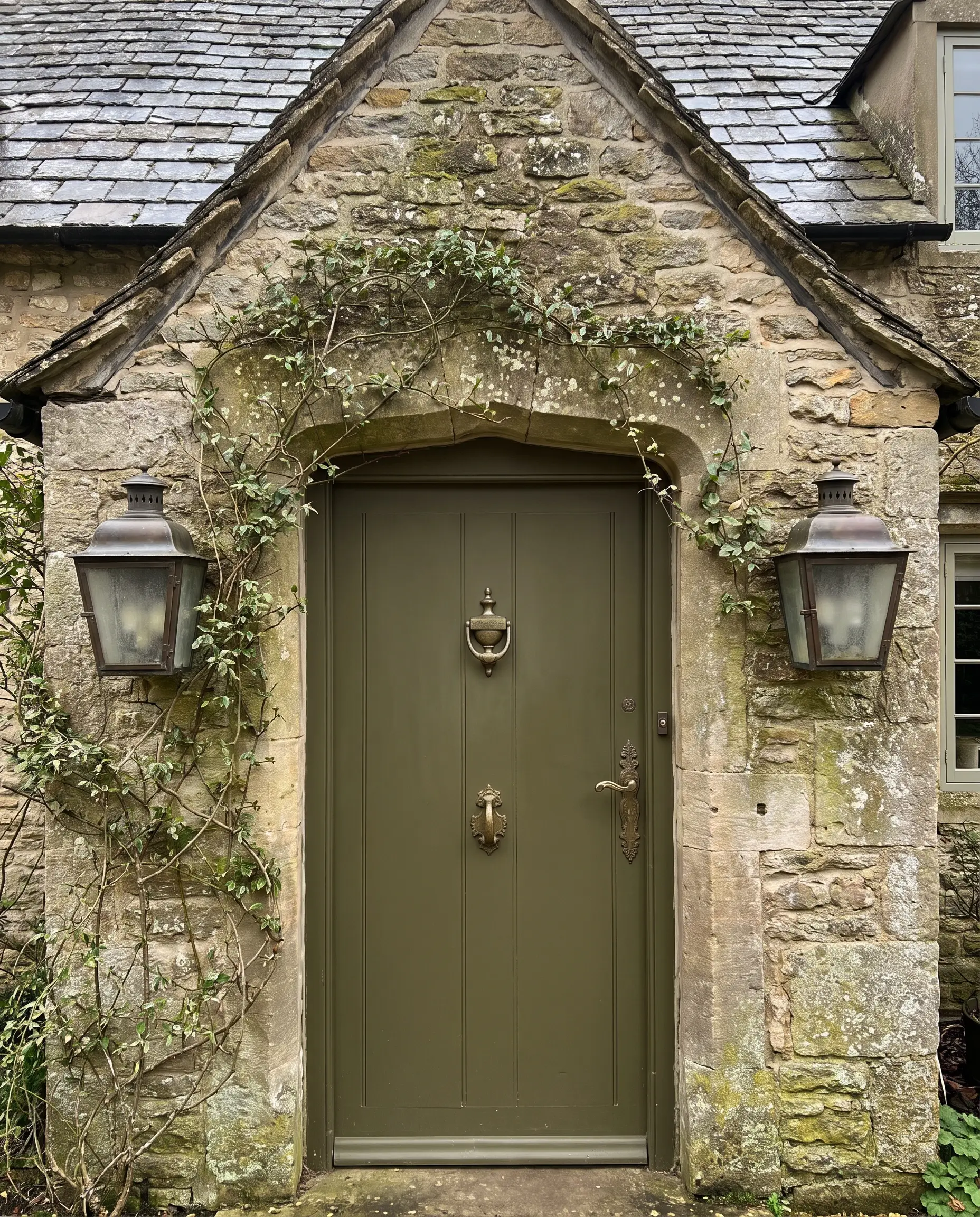 Climbing ivy creeps up a rough-cut natural stone facade framing a Secret Garden green door with heavy aged brass hardware and bronze sconces.