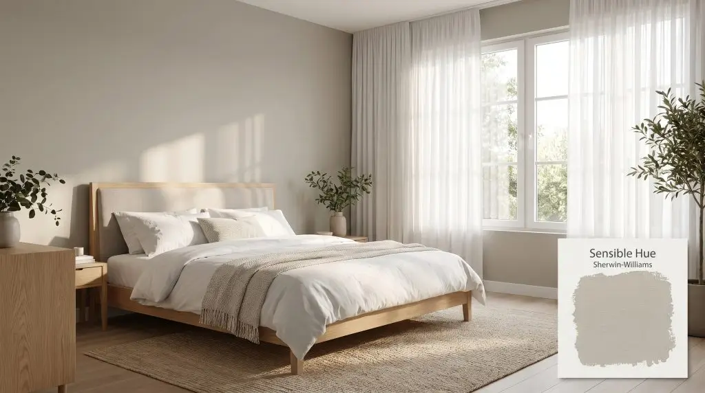 Soft afternoon sunlight filters through sheer curtains onto a light oak bed frame and walls painted in SW 6198 (Hex #B6B5AB).